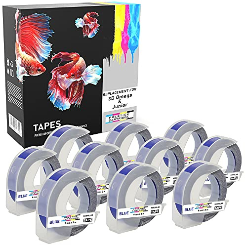 Prestige Cartridge 10x S0898140 Weiß auf Blau 3D Prägeband 9mm x 3m kompatibel für Prägegeräte Junior und Omega