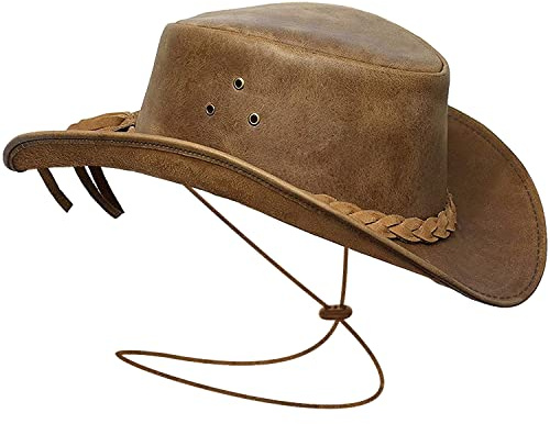 BRANDSLOCK Cappello da Cowboy in Pelle Uomo e Donna, Leggero, Artigianale, Stile Western, Modellabile, a Tesa Larga, Resistente, Stile Cowgirl/Outback (IT, Testo, M, Standard, Abbronzatura)