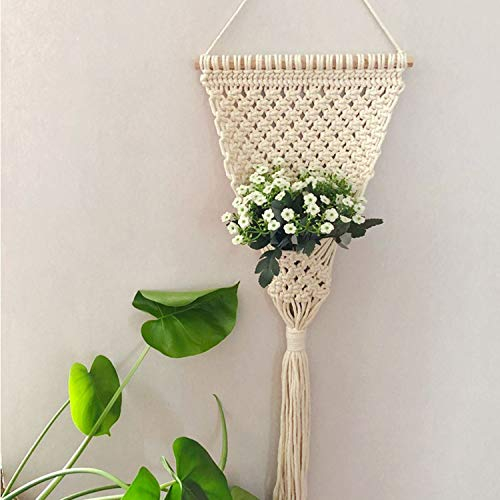 ZNKZJ Makramee Pflanzen Kleiderbügel Böhmische handgewebte Pflanze Wandbehang Tasche, Baumwollseil Nordic Tapisserie Blumentopf Hängekorb Hängenetz Home Decor,Beige-30x90cm