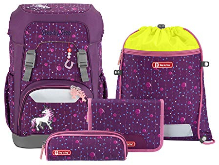 Step by Step Giant Schulranzen-Set „Dreamy Unicorn Nuala“, 5-teilig, lila, ergonomischer Tornister mit Reflektoren, höhenverstellbar mit Hüft- und Brustgurt, für Mädchen ab der 1. Klasse, 23 Liter
