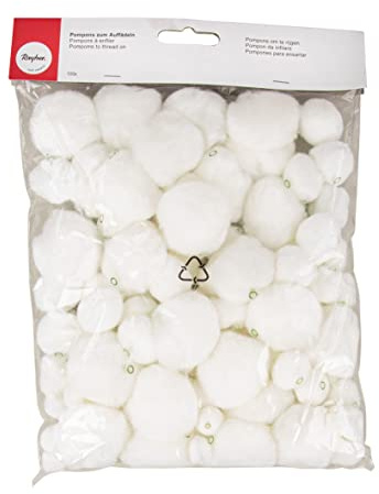 Rayher Pompons, weiß, mit Loch zum Auffädeln, Btl. 100 Stück, 4 Größen 15/20/25/38 mm, Plüschbälle zum Basteln und Dekorieren, 76014102