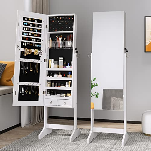 Dripex White Floor length Mirror Wardrobe, Lockable Jewelry Organiser Armoire Large Storage, 3 Angles Adjustable Free Standing Mirror Storage