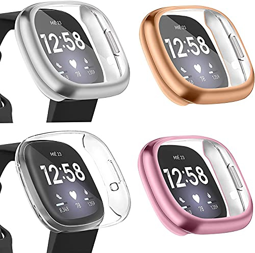 [4 Pack] Oumida Screen Protector Compatible with Fitbit Versa 3/ Fitbit Sense Screen Protector Case, TPU Protective Shockproof Cover Bumper for Versa 3/Versa Sense (Silver/Rose Gold/Rose/Clear)