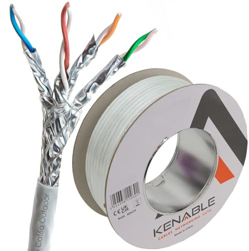 kenable External Shielded CAT6A Outdoor Ethernet Cable S/FTP Full Copper 23AWG Weatherproof UV Resistant Network Lead Reel 50m White