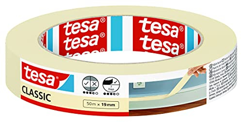 tesa Nastro per Mascherature CLASSIC - Nastro adesivo per lavori di pittura - Senza solventi, rimovibile senza lasciare residui - 50 m x 19 mm