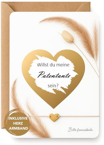 LeniSch Patentante fragen – Rubbelkarte mit Herz-Armband (18K vergoldet) | Willst du meine Patentante sein | Karte & Geschenk zum Freirubbeln, handgefertigt inkl. Umschlag