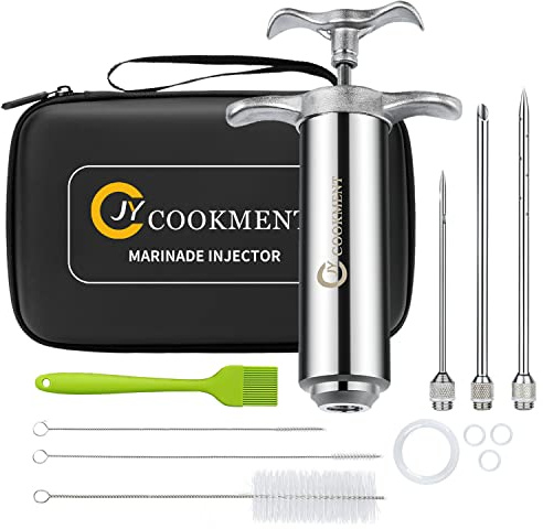 Meat Injector Syringe 2-oz Marinade Flavor Barrel 304 Stainless Steel with 3 Marinade Needles, Travel Case for BBQ Grill Smoker, Turkey, Brisket, Paper Instruction and E-book Included by JY COOKMENT