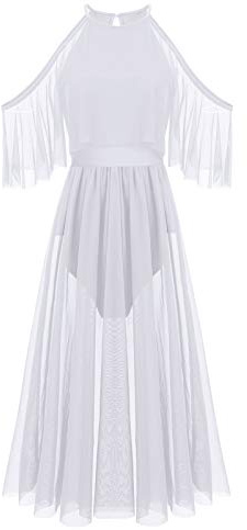 Ballettkleidung Damen Tanzkleid Neckholder Schulterfreie Ballett Trikot Ballettanzug Gymnastikanzug Turnanzug Elegant Lang Tüllkleid Ballettkleid Latin Salsa Ballerina Lyrische Dancewear Weiß S
