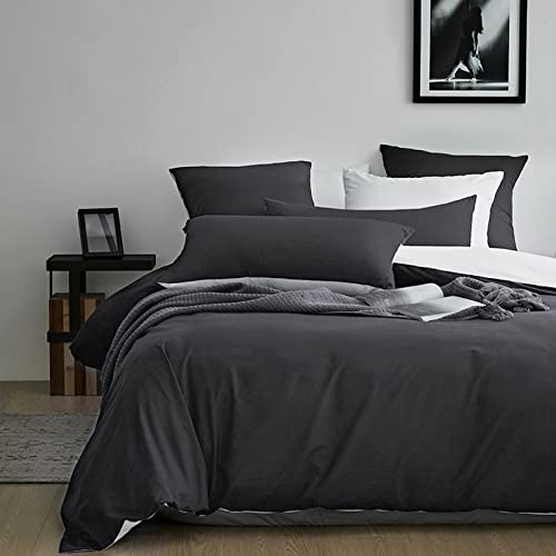 MILDLY Bettwäsche 135x200 Baumwolle, ÖKO-TEX, Anthrazit | 100% Baumwolle, Leinenoptik mit Waschung, praktischer Reißverschluss, 1x Bettbezug 135x200 cm & 1x Kissenbezug 80x80 cm
