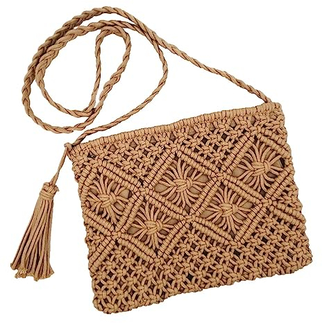 oukesin Kleine Umhängetasche aus Baumwolle für Damen Makramee handgefertigt mit Quaste Sommerstrand,041Khaki
