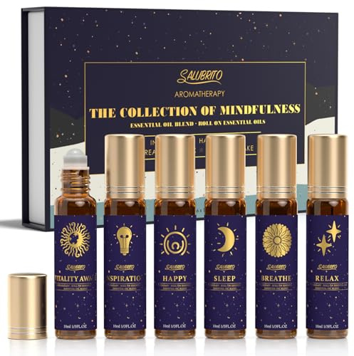SALUBRITO Ätherische Öle Set, Roll On Ätherische Ölmischungen Wohlbefinden Kit - Schlafen, Atmen, Entspannen, Glücklich, Aufwachen, Rolle Geschenkset für Frauen