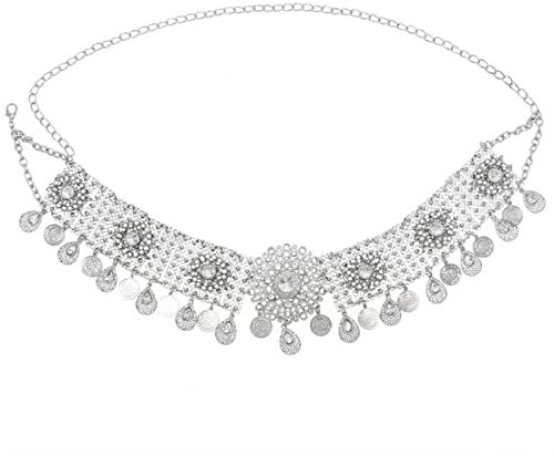 Kettengürtel Strass Silber, Taillenkette Gürtel Damen Vintage Quasten Zirkonia Runde Form Karabinerverschluss Belly Chain für Festival 112cm