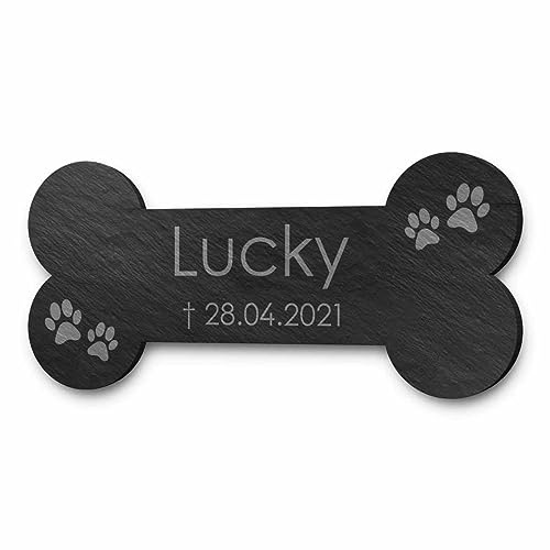 CHRISCK design Schieferknochen mit personalisierter Gravur und schönen Motiven - Gedenktafel für Hunde oder Katzen | Größe ca. 23x10,5