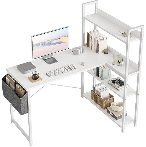 CubiCubi Schreibtisch mit Regal,Eckschreibtisch für Heimbüro,Kleiner L-förmiger Computertisch mit Ablagefächern,Bürotisch mit Aufbewahrungstasche, 120cm Weiß