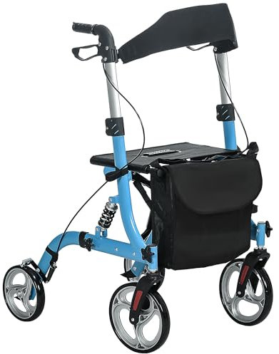 HOMCOM 4 Wheel Rollator with Seat and Back, Lightweight Folding Mobility Walker with Large Wheels, Carry Bag, Adjustable Height, Aluminium Walking Frame with Dual Brakes for Seniors, Blue