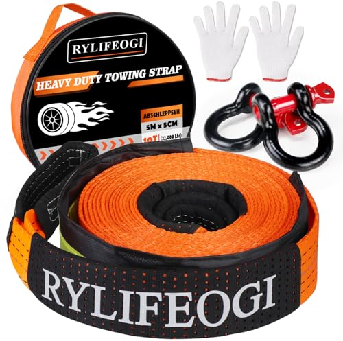 RYLIFEOGI Abschleppseil 10 Tonnen (22,000 Lbs), 5mx5cm Tow Rope Heavy Duty mit 2 Verstärkten Haken 2 Handschuhen für Off-Road Notfall (Orange)