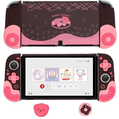 GeekShare Donut Protective Case for Nintendo Switch OLED, Shockproof Cover Case with Grips for Joy-Con Controllers with 2 Thumb Grip Caps, Black Chocolate