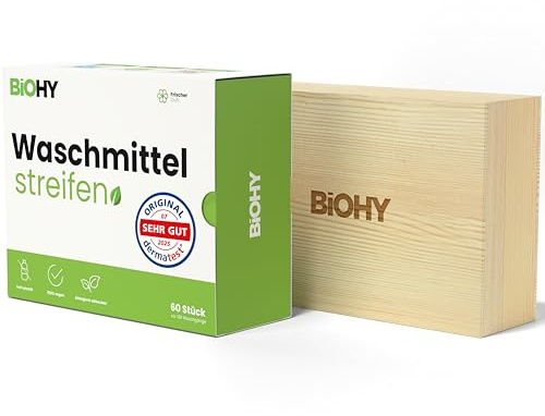 BiOHY Laundry Detergent Sheets (1 x 60 Pieces) + Wooden Storage Box, Sustainable Universal Travel Detergent Without Plastic, 100% Biodegradable Washing Paper, Water-Soluble Detergent