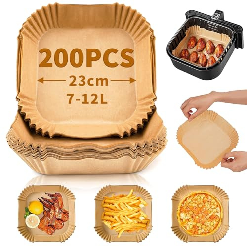Papel Freidora Aire 23cm, 200Pcs Papel Air Fryer Cuadrado para COSORI Cecotec 5,5 6L, Cuadrado Antiadherente Desechable Resistente al Agua y al Aceite Accesorios Freidora de Aire