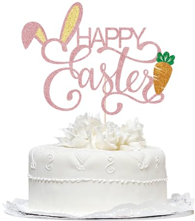 Happy Easter Cake Topper,Bunny ears/carrot cake decoration,Good for Happy Easter Spring Themed Party Supplies (Rose gold)