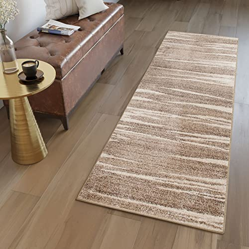 TAPISO Sari Teppich Läufer Flur Meterware Dunkelbeige Braun Gestreift Kurzflor Küche Wohnzimmer Brücke nach Maß Küchenläufer ÖKOTEX 70 x 210 cm