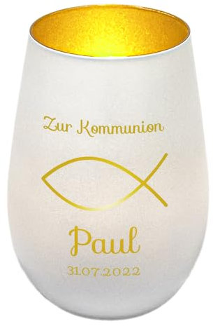 Windlicht mit Gravur zur Kommunion | Weiß/Gold | Fisch | Personalisiertes Kommunionsgeschenk Junge Mädchen Buben | Tischdeko und Geschenk zur Erstkommunion | Teelichthalter