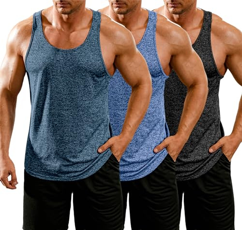 COOFANDY Herr linne träning Y-back sommar gym fitness snabbtorkande bodybuilding armhåla ärmlösa muskelskjortor män, Svart/marinblå/kungsblå, L