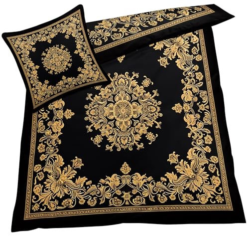 YELDAN Goldene und Schwarze Bandana Bettwäsche 155x220 Winter, Paisley Bandana Bettbezug 155x220 3er Set, Wendebettwäsche und Kissenbezug, Weiche & Atmungsaktive Mikrofaser Bettwäsche-Sets
