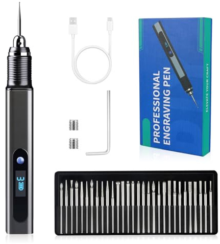 Penna per incisione con 30 punte, penna da incisione ricaricabile via USB mini macchine da intaglio professionali strumento rotante portatile fai-da-te per gioielli, legno, vetro, metallo, plastica