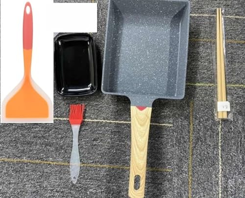 JABNOW Padella Tamagoyaki, Padella per Omelette Giapponese con Piatto per Frittata, Spatola in Silicone, Pennello e Bacchette, Padella Rettangolare per Frittata per Frittata per Induzione e Gas