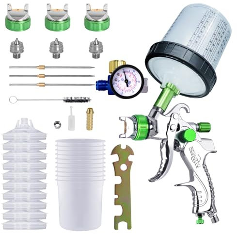 HVLP-Spritzpistole, Farbspritzgerät mit 10 Stück 600ML Einwegbechern&Druckmesser, Auto-Spritzpistolen-Kit mit 3 Düsen 1.4/1.7/2mm&Farbmischbecher (Verde)