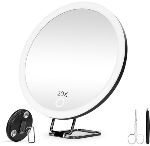 JJhxr Specchio ingranditore 20X con luce, Specchio per trucco ingranditore grande da 6, Specchio per trucco dimmerabile a 3 colori con supporto da tavolo a 360°, con 3 ventose