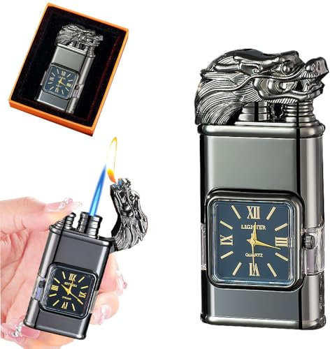 ZOYDP Feuerzeug mit Uhr, Sturmfeuerzeug Gas Nachfüllbar, Winddicht, Jet Flamme, Vintage, Geschenk für Männer