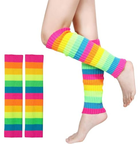 KUMSODE 1 Paar Leg Warmers Damen Bein Stulpen Regenbogenfarben Wintergarn Gestrickte Beinwärmer für Frauen Mädchen 80er Jahre Party Kostüm Zubehör