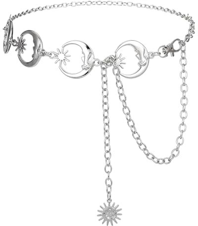 Qianyu Vintage Metall Taillenketten Kettengürtel mit Mond- und Sternanhänger Anhänger Gürtel Verstellbare Hüftkette Bauchkette für Damen Jean Pants Dress