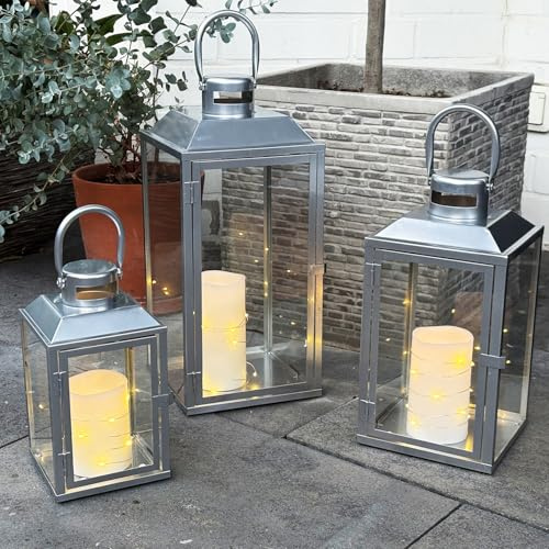 3er Set Gartenlaterne Windlicht Laterne Laternen Metalllaterne Set Dekoration Außen Metall Silber H24/33/41cm