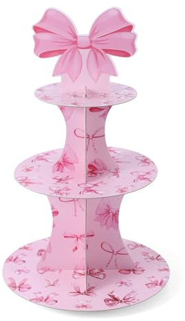Bow Pink Cupcake Stand, Coquette Cardboard Cup Cake Tower Stand Thick Paper Cupcake Tier Stand for Party Solid Cute Afternoon Tea Holder Decoration for Dessert Birthday Displays