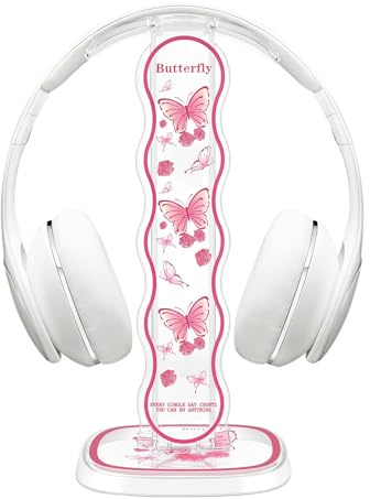 DiyGody Headphone Stand Gaming Headset Holder for Desk,Clear Pink Butterfly Design Cute Cellphone Stand Earphone Stand Desk Accessories for All Headphones Size