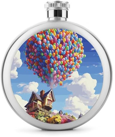 Colorful Balloon And House Liquor Flask Round Stainless Steel Hip Leak Proof Whiskey Flasks for Birthday Christmas Gifts for Men Women Bridesmaid Wedding Party Supplies,5 Oz