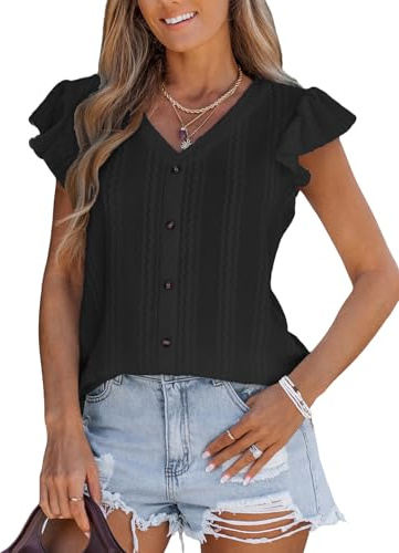 CUPSHE Camicette estive da donna con occhielli ricamati a maniche corte con bottoni e fron elegante casual da donna, Nero , M