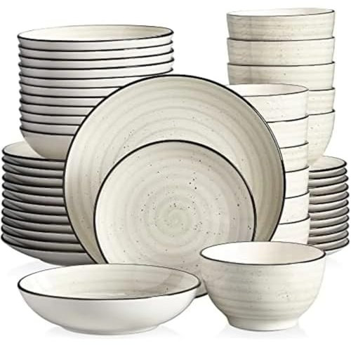HUWOYG Service de Table en Pierre Beige 48 pièces, Ensemble combiné en céramique Peinte à la Main en Spirale, Assiette à dîner, Assiette à Dessert, Assiette à Soupe pour La Maison