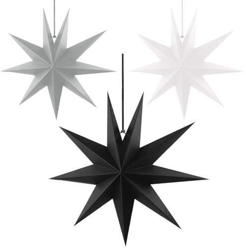 CNMTCCO 3er Set Papiersterne Schwarz 30cm Faltsterne Weihnachtsdeko für Fenster, Wand und Party – 9 Zacken 3D Dekoration für Weihnachten, Hochzeit und Festliche Anlässe (Schwarz/Grau/Weiß)