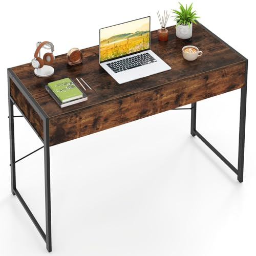 LIFEZEAL Scrivania in legno, scrivania per computer con 2 cassetti, tavolo da lavoro con telaio in acciaio, tavolo PC per studio, ufficio, studio, stile vintage, 112 x 48 x 76 cm (marrone usticale)