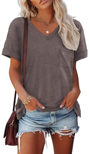Cuptacc Camisetas Manga Corta Mujer con Cuello en V de Verano Blusas de Mujer Elegantes Top de Manga Corta con Bolsillo