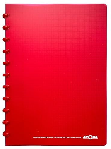 Atoma - A4 Ringbuch - 72 abtrennbare Blätter (144 Seiten) mit Rand - Deckblatt aus recyceltem Polypropylen (Rot - kariert (5x5mm))