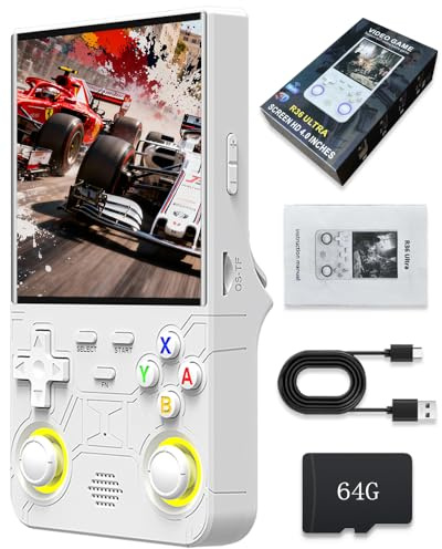 La nuova console di gioco portatile R36 Ultra è dotata di un display IPS da 4 pollici, una scheda integrata da 64 GB e 20.000 Giochi, una compatibilità con Linux e una (bianco, 64G)