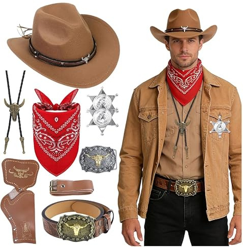 Set Di Accessori per Costumi da Cowboy Da 9 Pezzi, Cappelli da Cowboy per Uomini E Donne Con Cappello Marrone, Bandana, Fondina, Cintura, Fibbia Bolo, Collana, Distintivo Uomini E Donne Carnevale