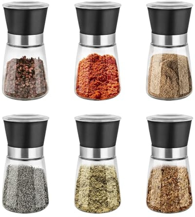 SUNNYNEST 6 Pack Salt and Pepper Grinder Set 180ml Adjustable Ceramic Mills | Glass Spice Grinding Set adjustable coarse fine settings moisture resistant lids keeps fresh for kitchen dining cooking