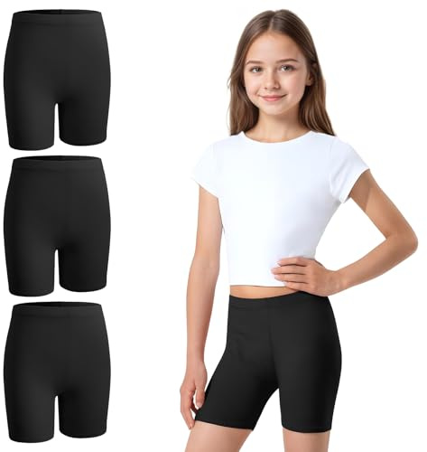 HEUIOP 3 Pack Girls Shorts, Black Cycling Shorts, Breathable Comfortable for Dress Bike Gymnastic Skirts, Ages 12-14