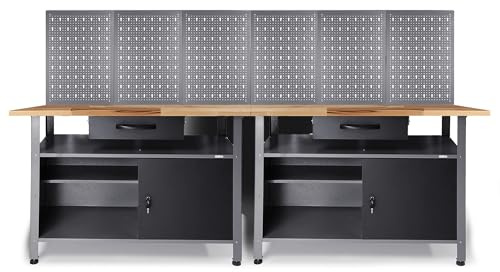 Ondis24 Werkstatt Set Werksatteinrichtung Werkbank Klaus 240cm Metall Werkstatttisch für Heimwerker Werkzeugschrank abschließbar
